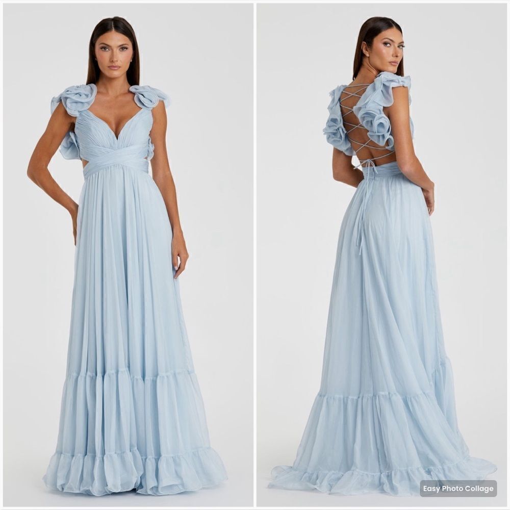 NWT Mac Duggal 67911 Ruffled Tiered Cut Out Chiffon Gown Dress Blue 2